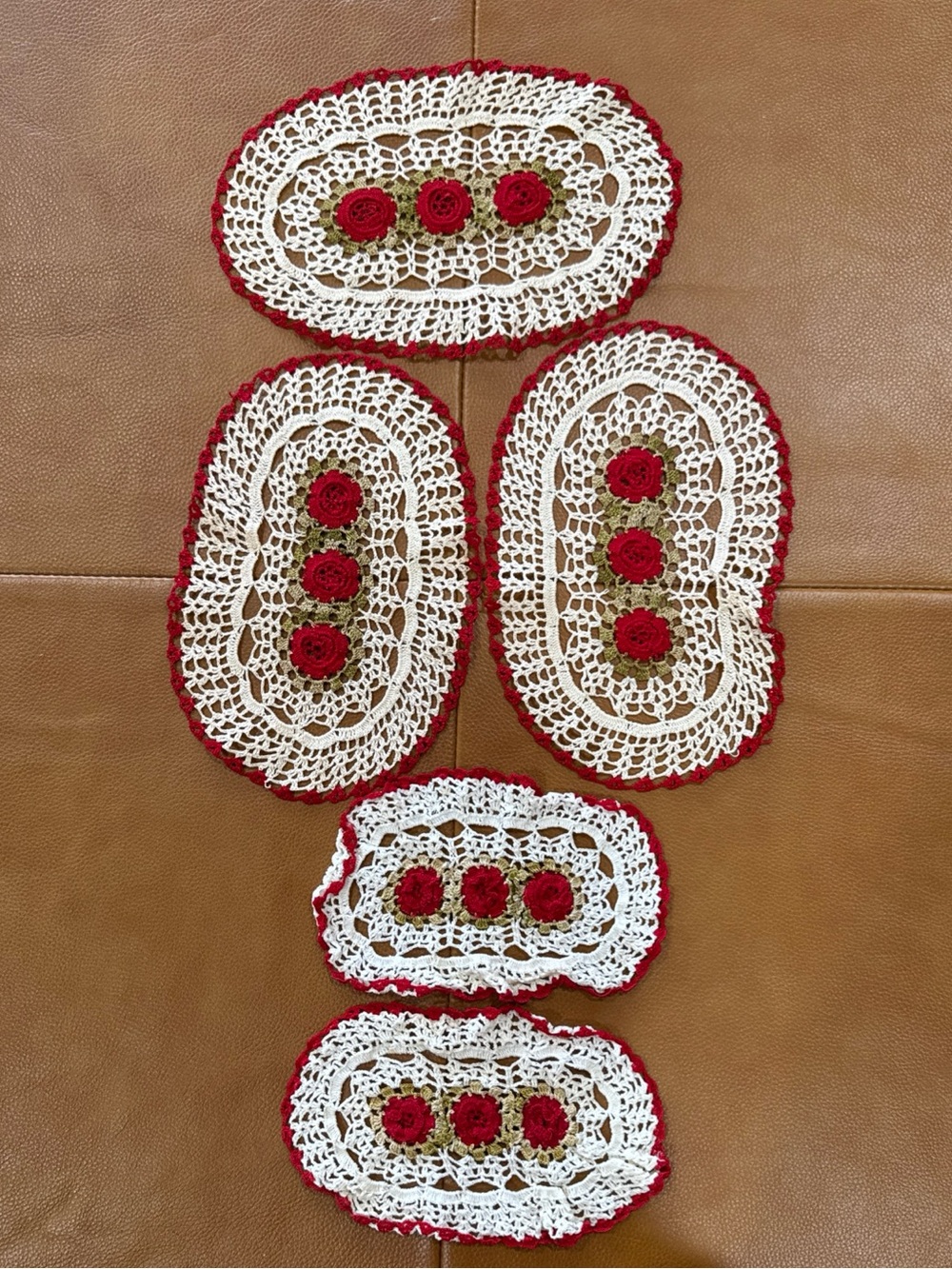 Vintage Handmade Crochet Doily Lot of 5 Red Rose Floral Oval Doilies Cottagecore